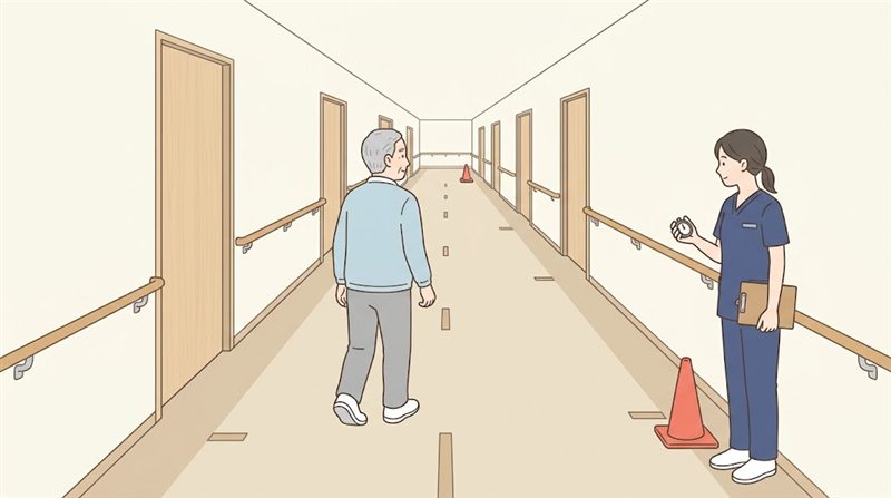 病院のまっすぐな廊下の両端にコーンを置いたコースを、高齢の男性が奥に向かって歩き、スタート地点のコーンのそばで理学療法士がストップウォッチと記録用紙を持って見守っている図