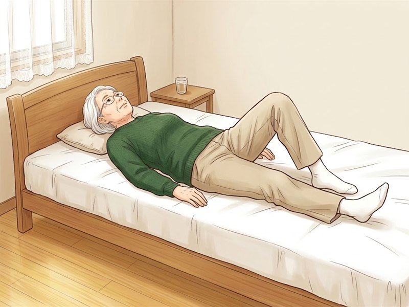 あおむけで、左膝を立て、足の裏をベッドにつけた姿勢