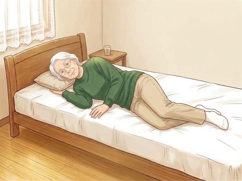 右を下にした横向きで、肩と骨盤が上下にそろっている姿勢