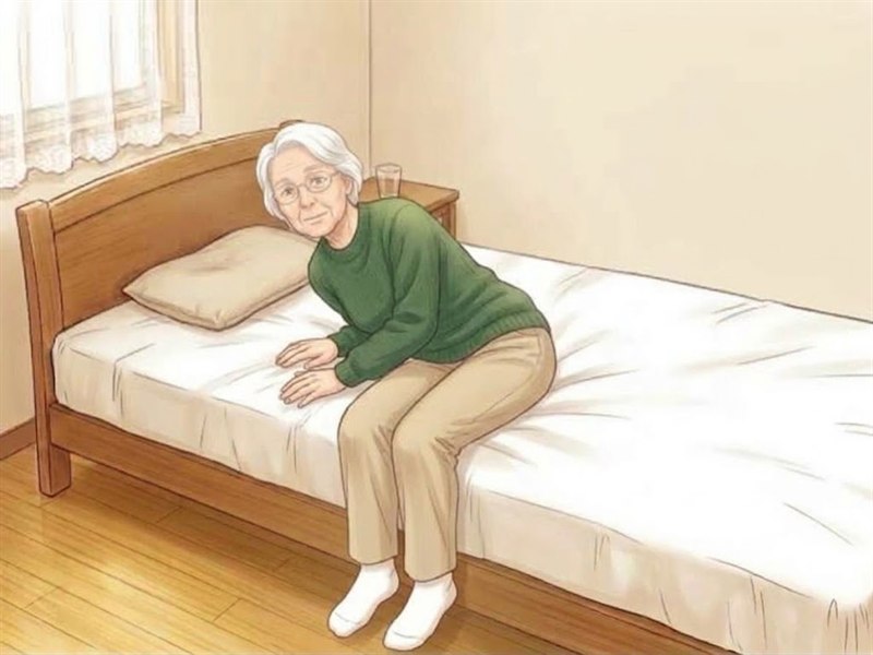 肘と手でベッドを支え、上半身を斜めに起こしていく姿勢