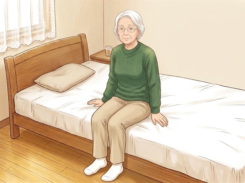 ベッドの端に腰かけ、足の裏がかかとまで床についた姿勢
