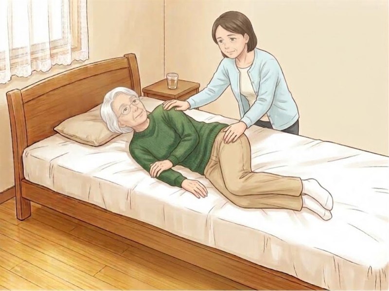 横向きになる女性の上側の肩と骨盤に、家族が両手をそっと当てて支えている場面
