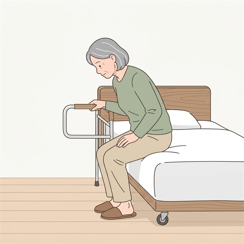介護ベッドの端に浅く腰かけた高齢の女性を横から見た図。足をひざより後ろに引き、上体を前に傾けて、外側に開いた介助バーの握りを片手でつかんで立ち上がろうとしている