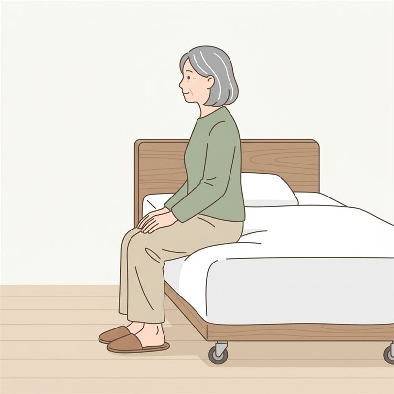 介護ベッドの端に腰かけた高齢の女性を横から見た図。足の裏がかかとまで床についている