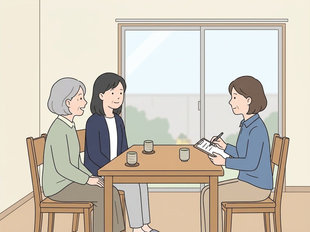 自宅の食卓で、高齢の女性と娘の話を、ケアマネジャーがメモを取りながら聞いている様子