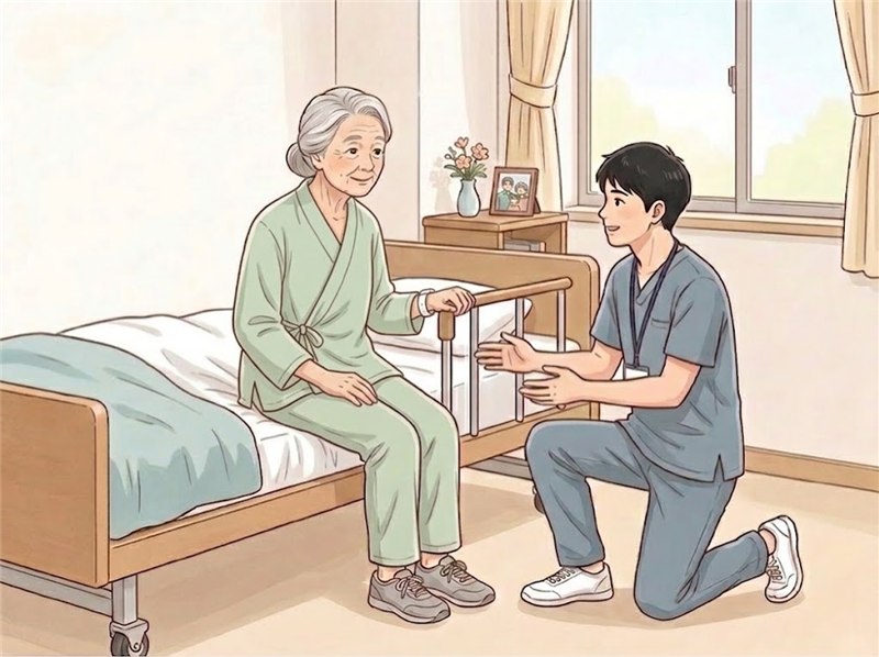病棟のベッドの端に腰かけた高齢の女性が、手すりを握り、理学療法士が目の高さをそろえて立ち上がりの練習を始めようとしている様子