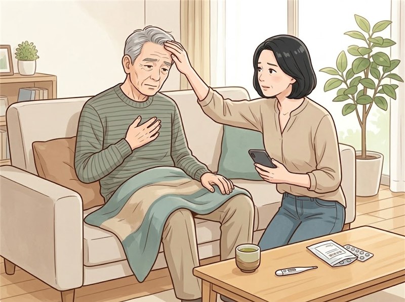 自宅の居間のソファで、ぐったりした様子の高齢の男性の額に、娘が手を当てて熱を確かめ、もう一方の手にスマートフォンを持っている様子