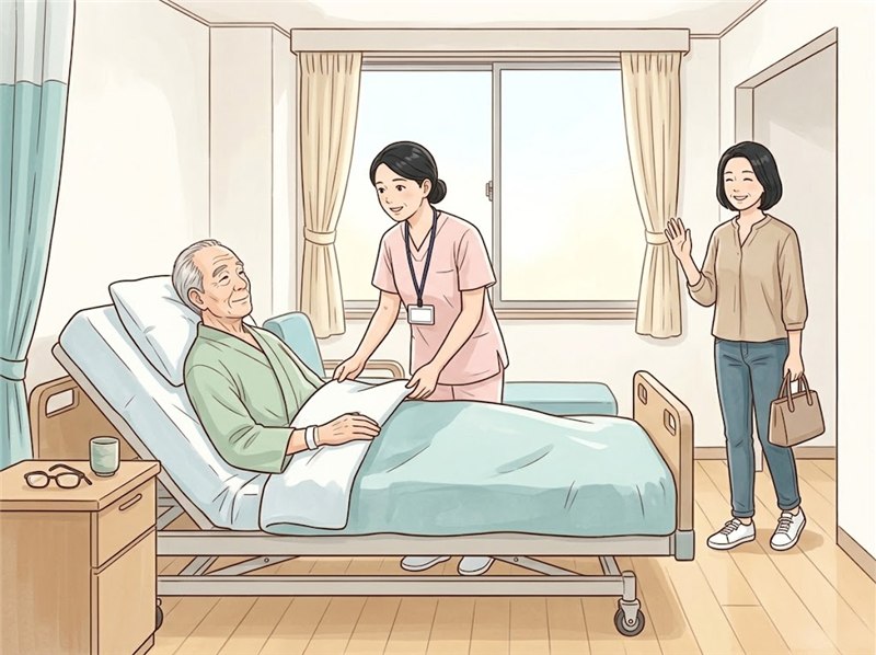 病室のベッドで高齢の男性が安心して横になり、看護師が毛布を整え、入口で娘が手を振って、これから帰って休もうとしている様子