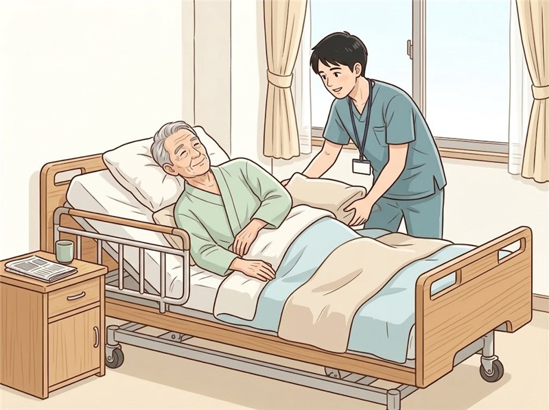 病室のベッドで横向きに休む高齢の男性の背中と腰の下に、理学療法士がクッションを入れて、楽な姿勢に整えている様子