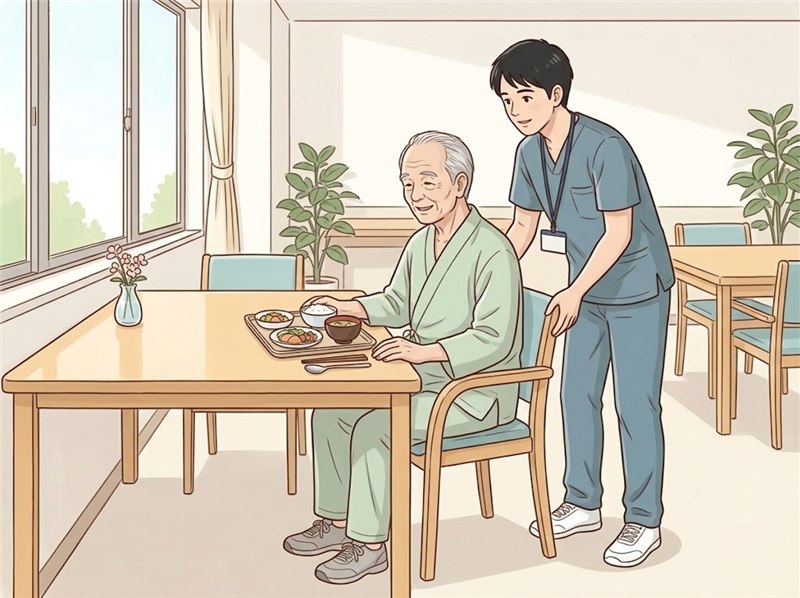病棟のデイルームで、病衣の高齢の男性が食事の盆の前に座り、理学療法士がいすの位置とテーブルの距離を整えている様子
