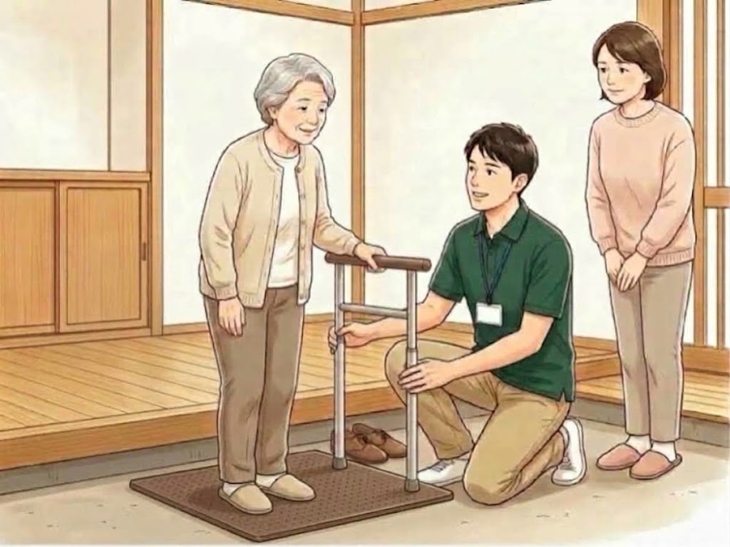 自宅の玄関で、福祉用具の事業所の相談員が、床に置くタイプの手すりを、高齢の女性に試してもらっている。娘が見守っている