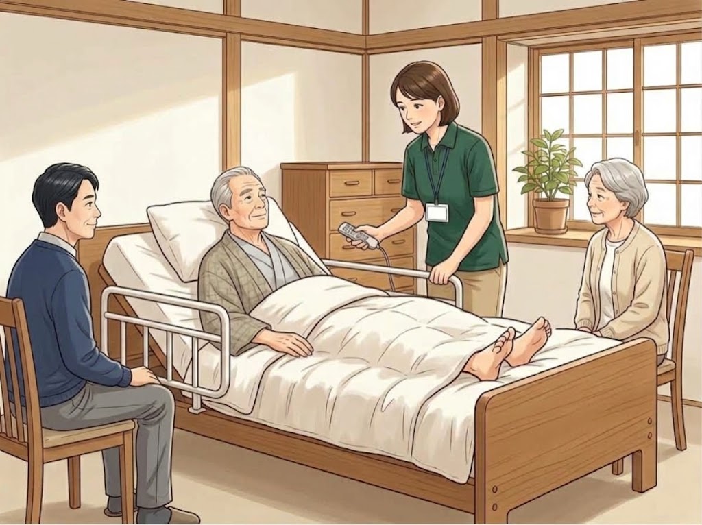 自宅の寝室で、介護用ベッドに上半身を少し起こして横になっている高齢の男性。相談員がリモコンで背もたれの角度を調整し、息子と妻がそばで見ている