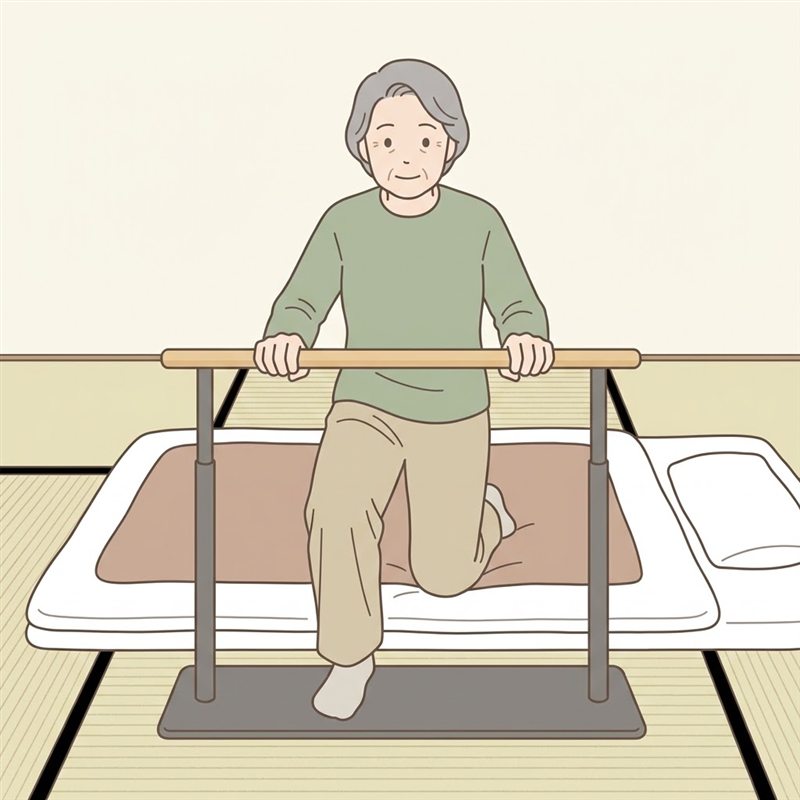 畳の上の布団の手前に、布団と並行に置いた床置きの手すり。高齢の女性が布団に片膝をつき、もう片方の足を手すりの土台に乗せて、こちらを向いて両手で横向きの握りをつかみ、立ち上がろうとしている図