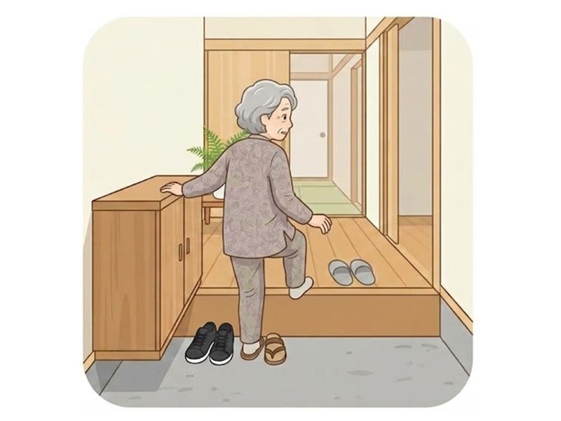 手すりのない一般的な玄関で、高齢の女性が靴箱の上に手をついて体を支えながら、片足を高く上げて上がり框の段差を上がろうとしている図