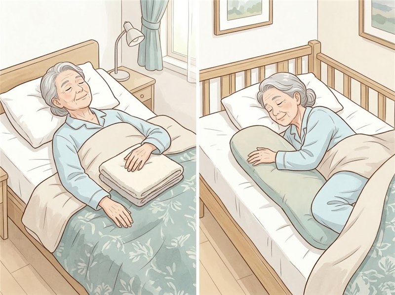 寝室のベッドで、高齢の女性が眠っている2つの図。左は仰向けで、痛い側の腕の下にたたんだタオルを入れている。右は横向きで、痛い側を上にして、腕を抱き枕の上に乗せている