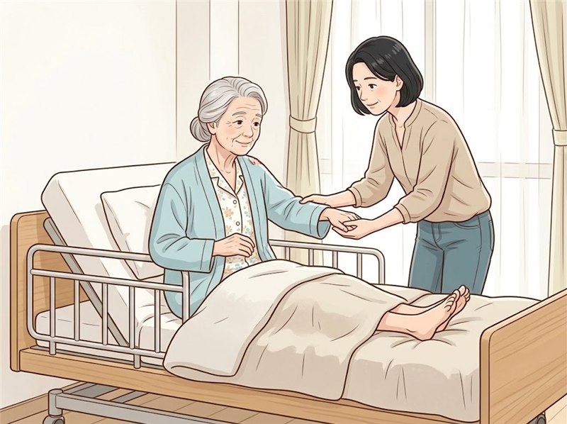介護ベッドの頭側を起こして座る高齢の女性の手を、娘が手先から包むように支えている図。腕は持ち上げたり引っぱったりしていない