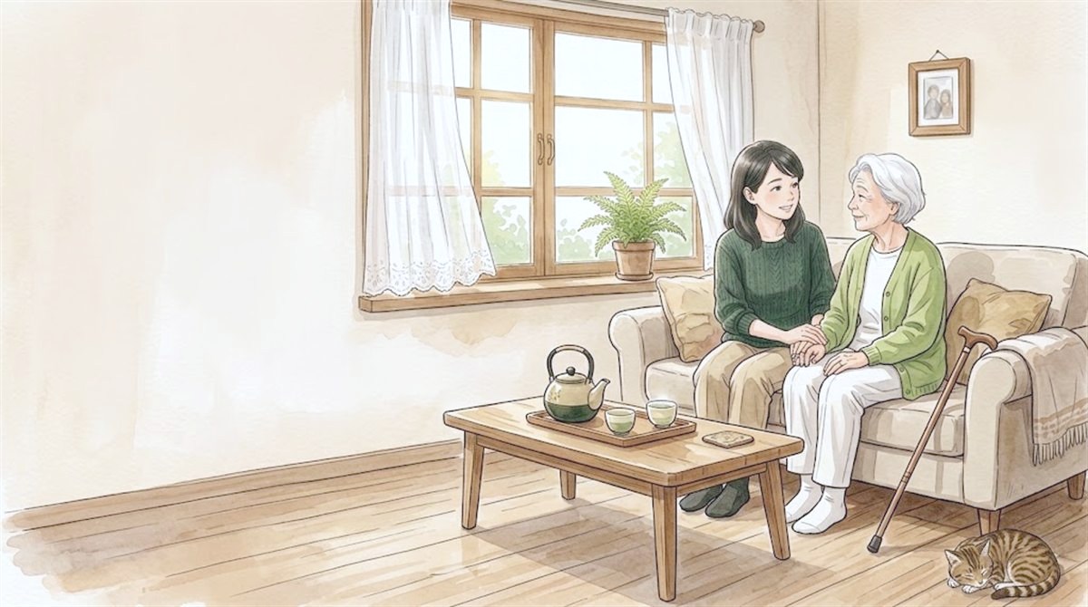 居間のソファで、娘と母親が並んで座って話している様子