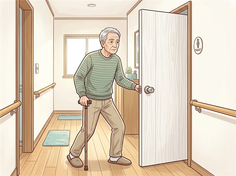 廊下で、杖をついた高齢の男性が、トイレの開き戸のドアノブを持ち、手前に開くドアに当たらないよう、片足を後ろに引いている