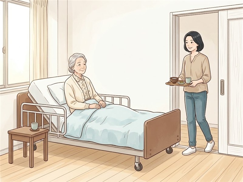 介護ベッドで背を起こして座る高齢の女性のもとへ、寝室の引き戸から、食事のおぼんを両手で持った娘がまっすぐ入ってくる
