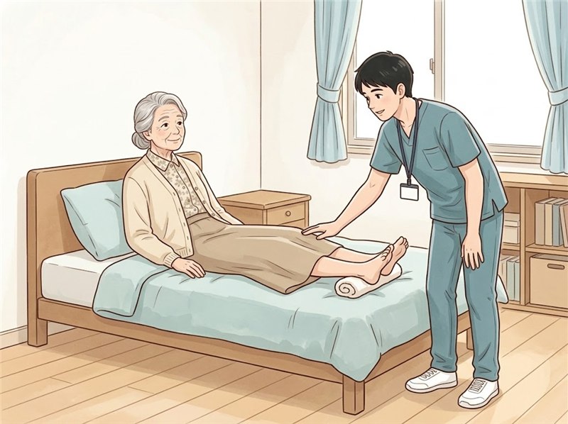 ベッドで背中を少し起こした高齢の女性が、膝を伸ばして休んでいる図。理学療法士が膝の伸び具合を確かめている