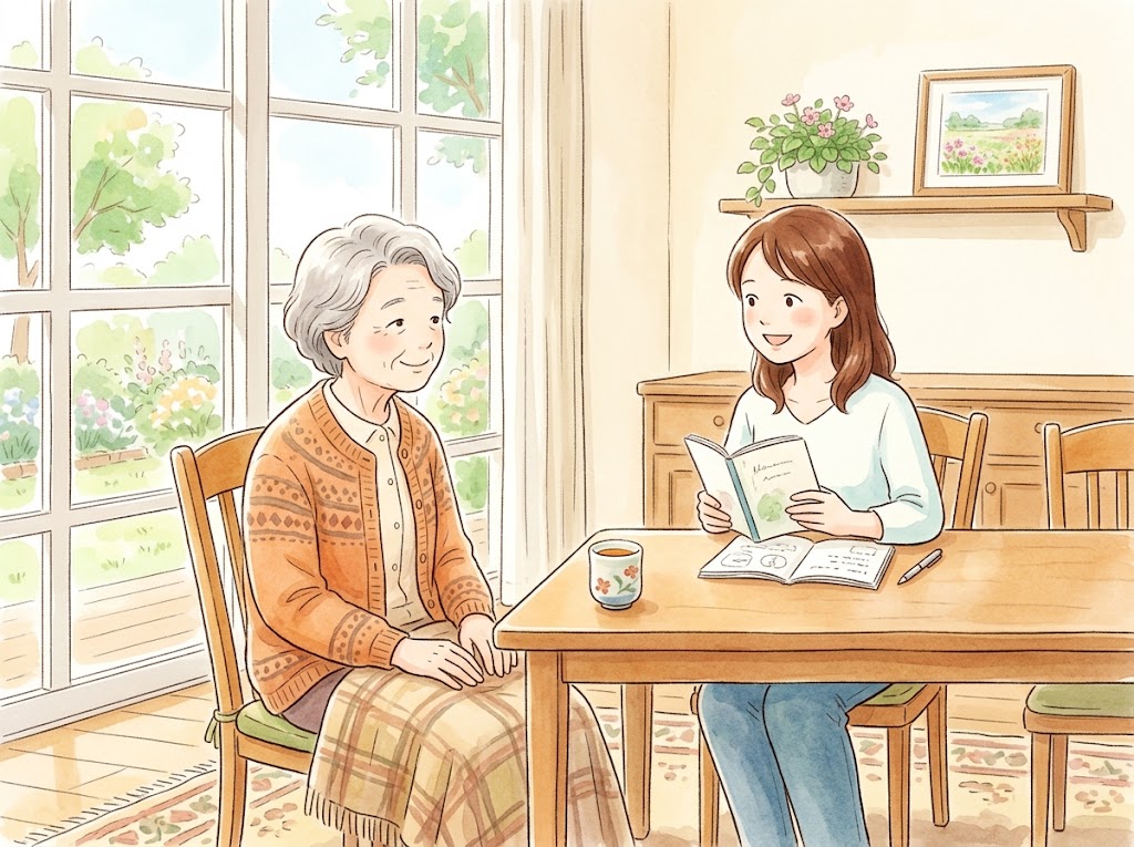 居間のテーブルで、膝に手をそえた高齢の女性に、娘が隣に座ってノートを手に話を聞いている
