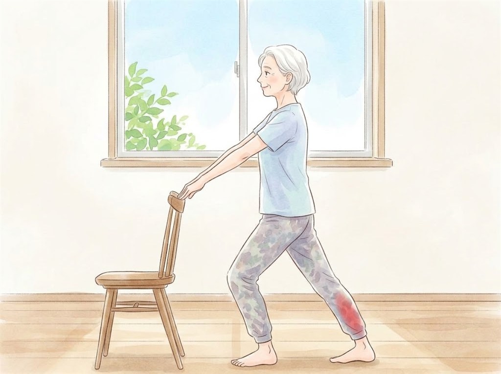 椅子の背もたれに両手を置き、後ろ脚を伸ばしてかかとを床につけ、ふくらはぎを伸ばしている高齢の女性
