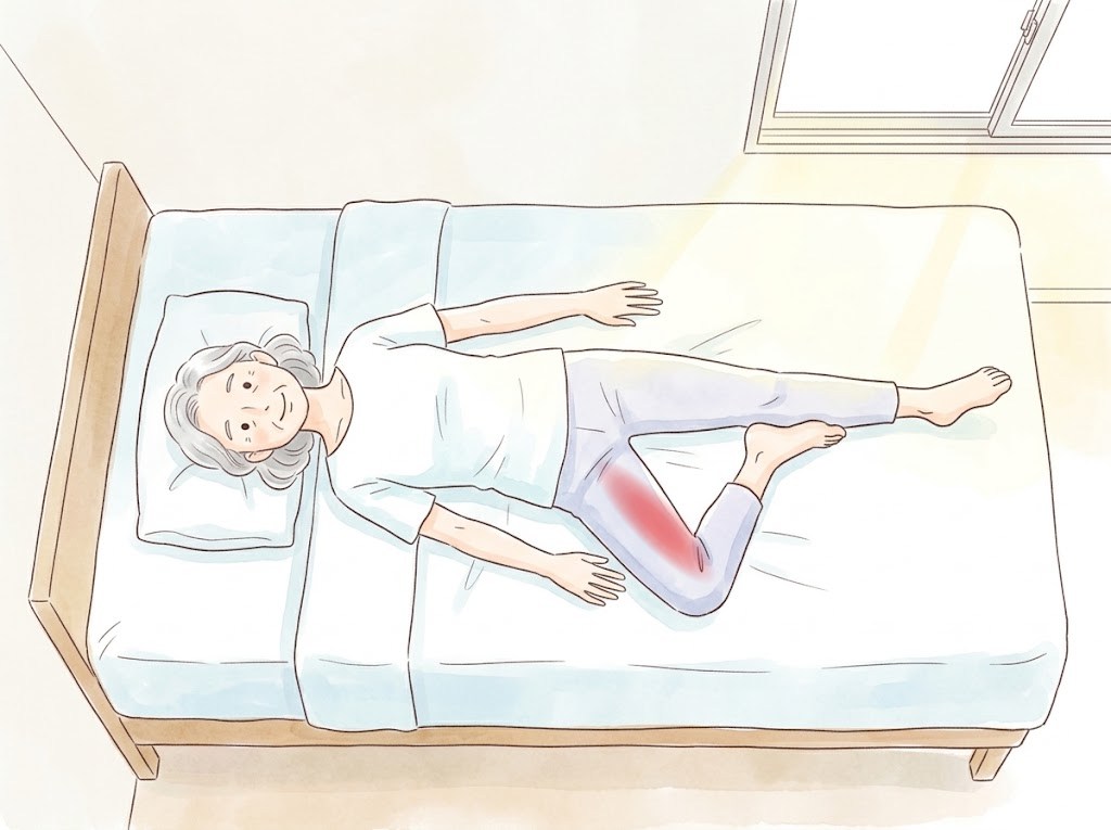 真上から見た、ベッドで仰向けに寝て、片方の膝を外へ倒して太ももの内側を伸ばしている高齢の女性