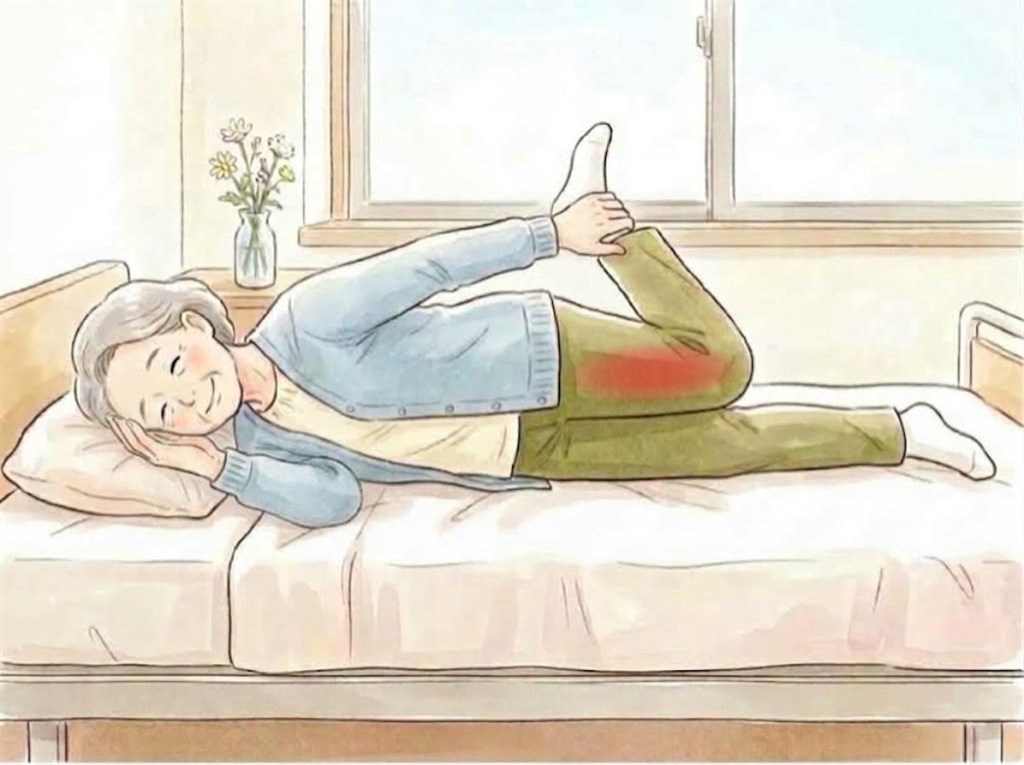 ベッドで横向きに寝て、上の脚の膝を曲げて足首を後ろからつかみ、太ももの前を伸ばしている高齢の女性