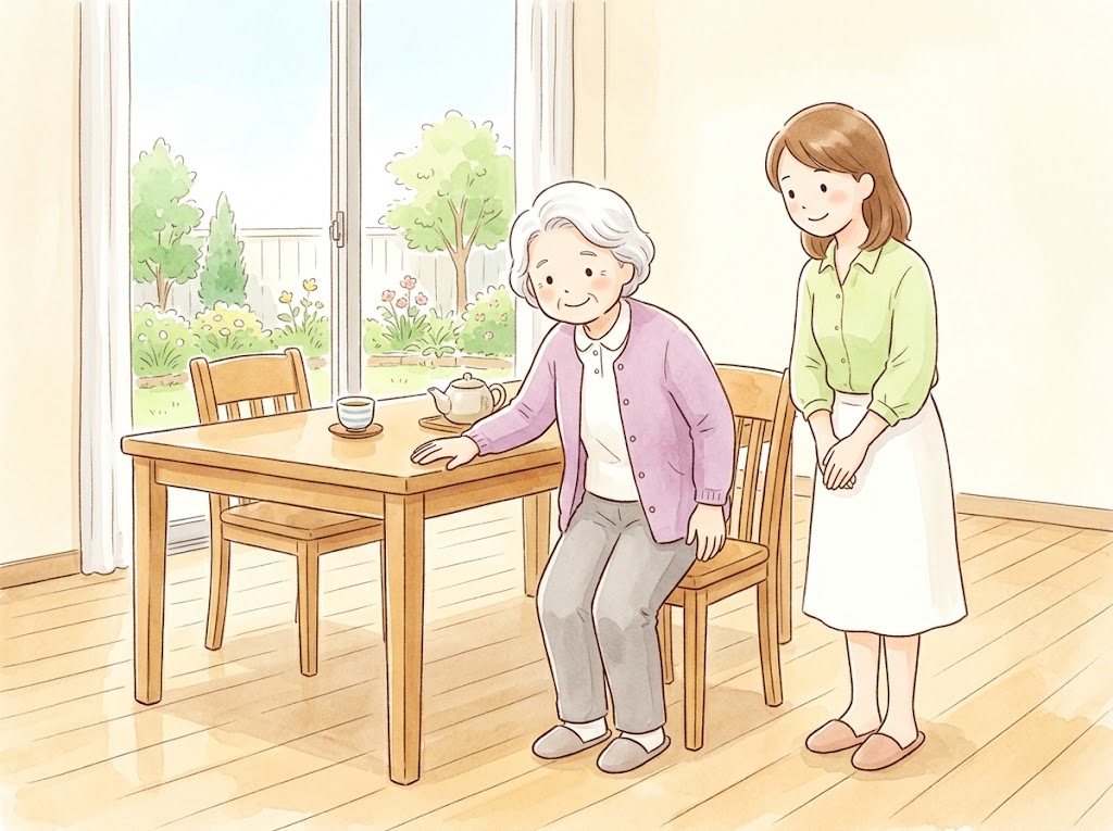 ダイニングで、テーブルに手をついていすから立ち上がろうとしている高齢の女性。隣で娘が見守っている