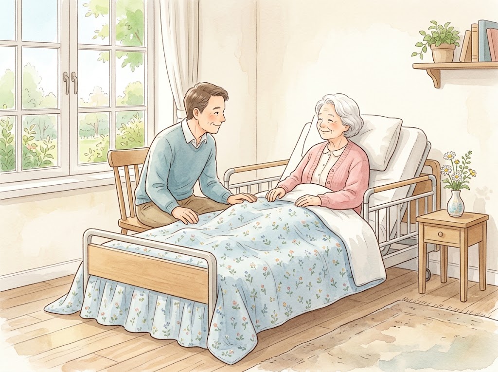 介護用ベッドの上で上体を起こした高齢の女性に、ベッドの脇のいすに座った息子が、膝のぐあいを聞いている
