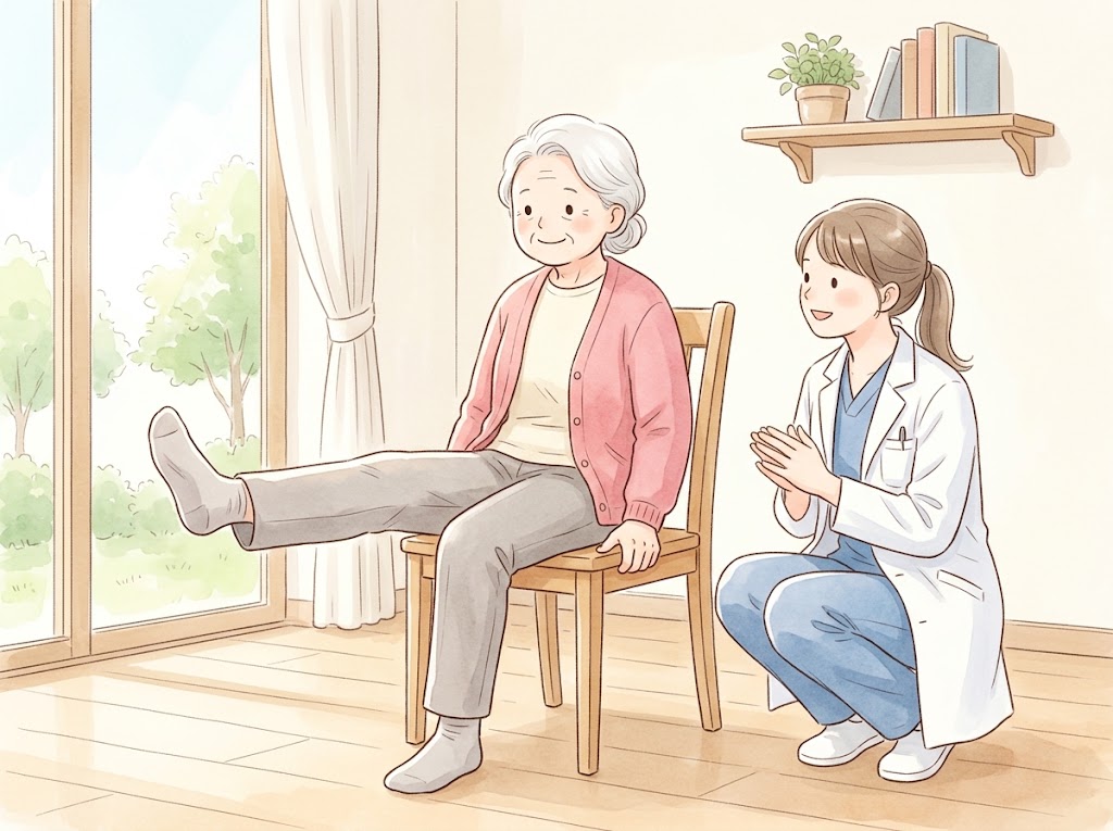 いすに浅く腰かけ、片方の膝をまっすぐに伸ばして持ち上げている高齢の女性と、しゃがんで見守る理学療法士