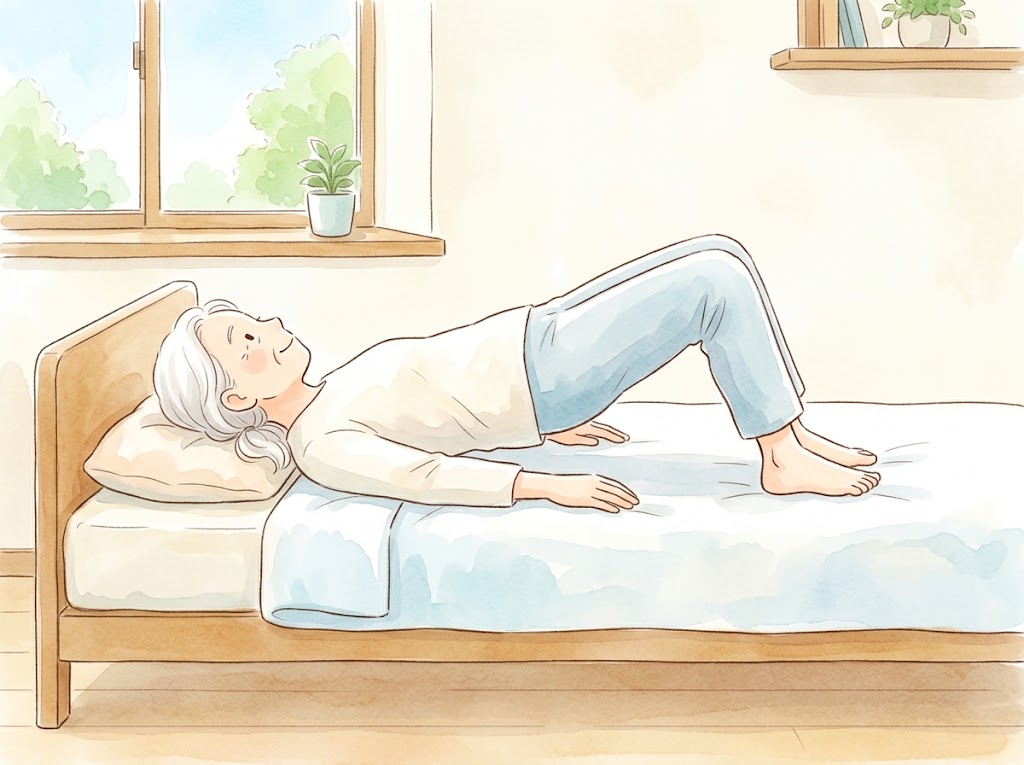 ベッドの上で仰向けに膝を立て、お尻を持ち上げている高齢の女性