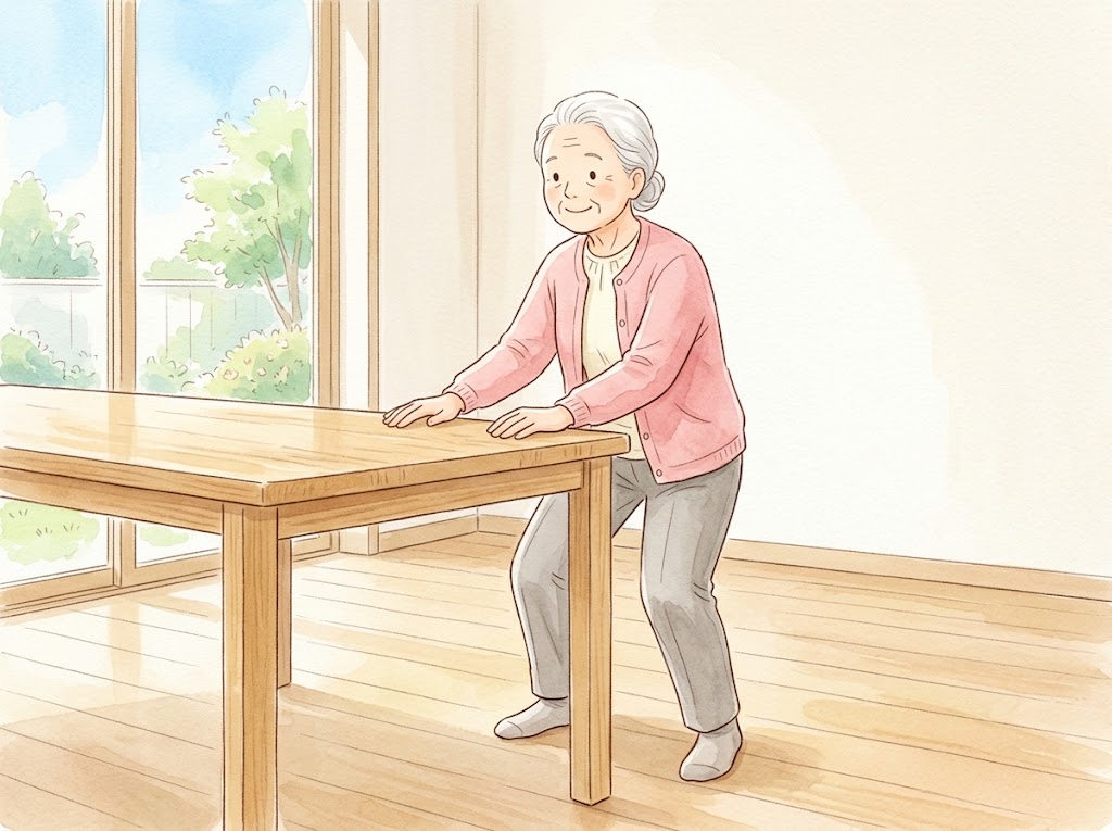 テーブルに両手を置いて体を支え、膝を浅く曲げている高齢の女性