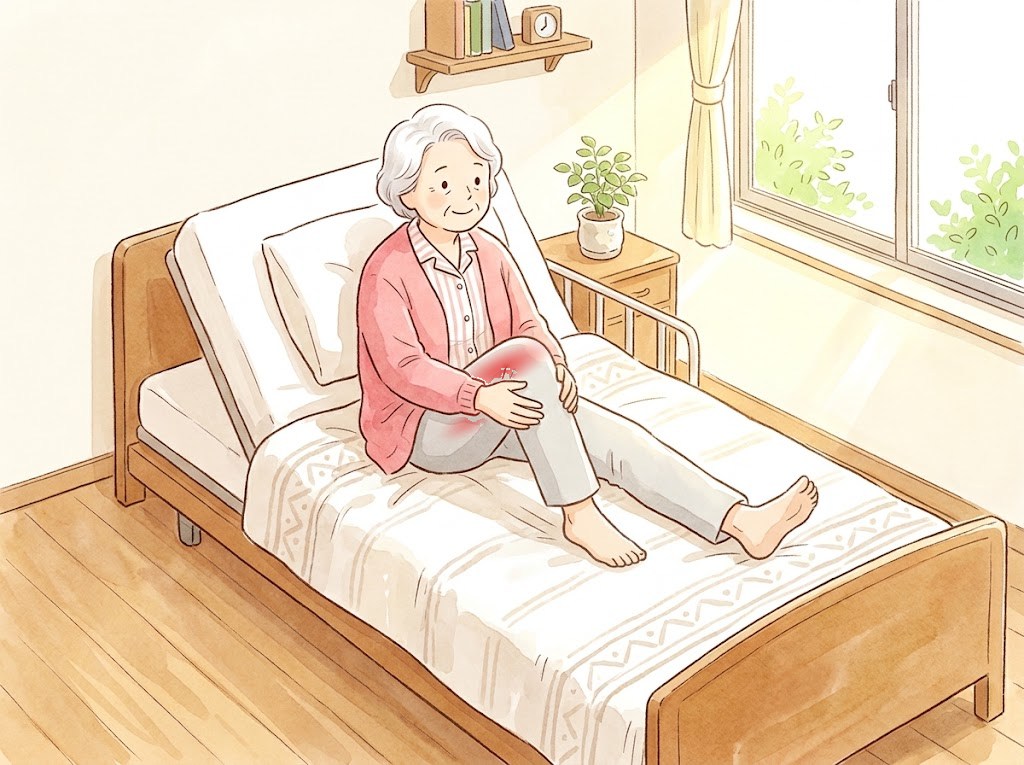 ベッドの上で脚を伸ばして座り、片方の膝を曲げてすねに手を添えている高齢の女性