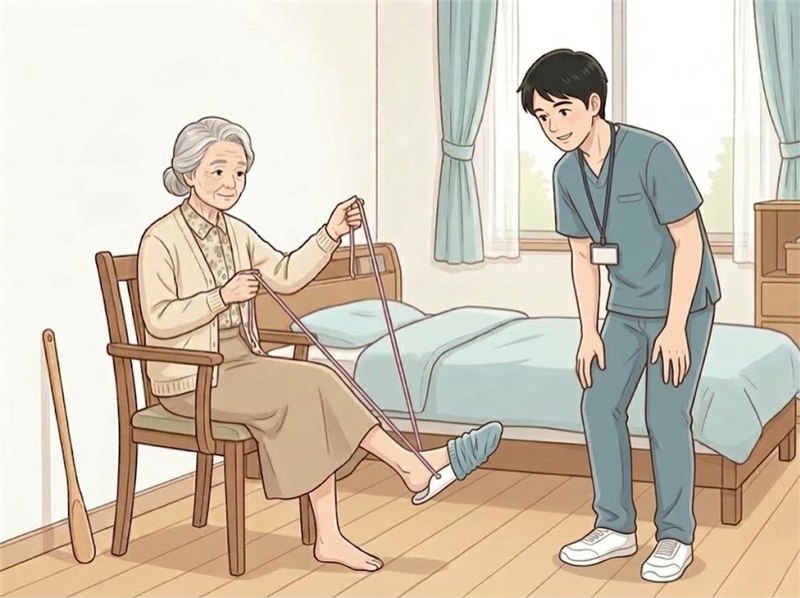 いすに座った高齢の女性が、ひものついたソックスエイドを使って、足先に靴下をはいている図。理学療法士が横で見守っている