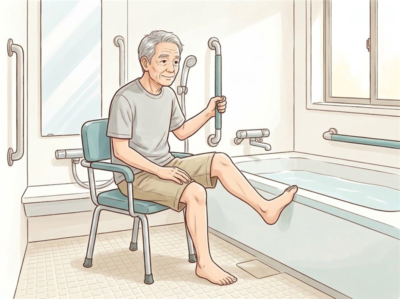 浴室で、高齢の男性が入浴用のいすに座り、縦の手すりをつかんで、浴槽に片脚をかけている図