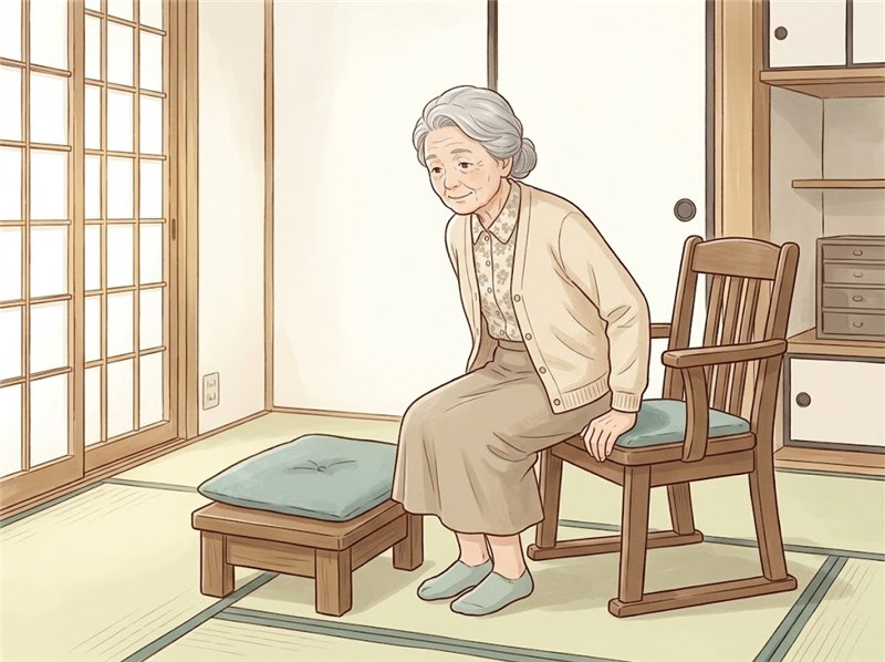 畳の部屋で、高齢の女性が、いすの座面に手をついて立ち上がろうとしている図。横には低い台と座布団がある