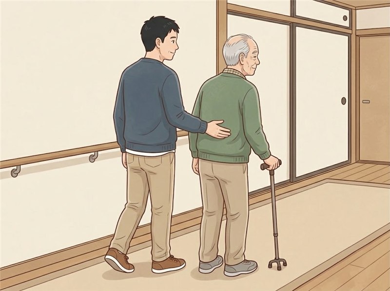 家の廊下を、杖で歩く高齢の男性の、やや斜め後ろを同じ速さで歩き、腰のあたりに手を軽く添える息子