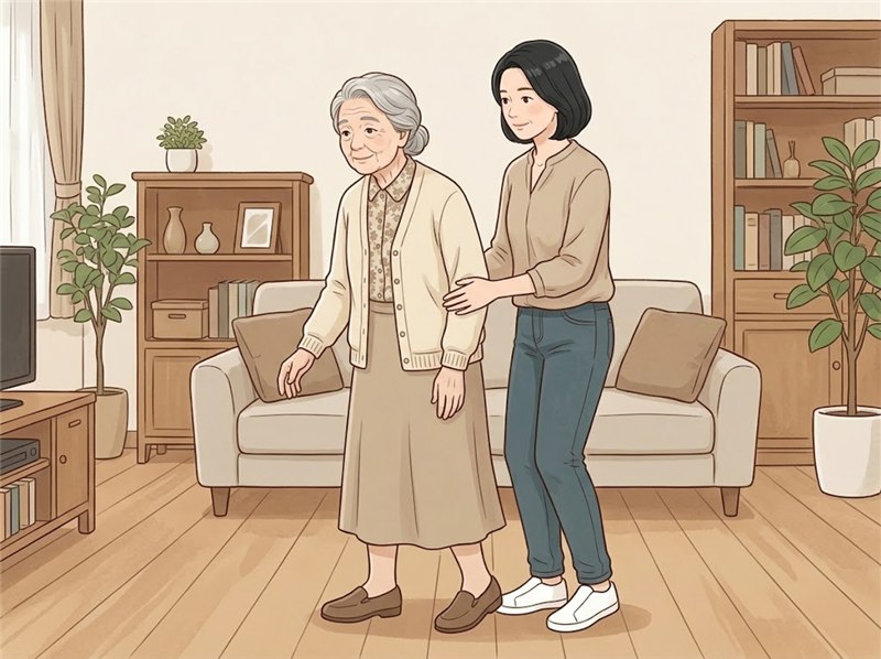 居間で少しふらついた高齢の女性に、すぐそばに寄り添って、腕と腰に手を添えて支える娘