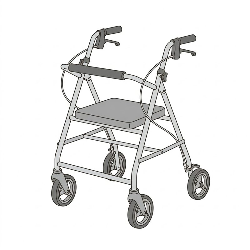 4つの車輪が付き、左右の握りの下にブレーキレバー、フレームの中ほどに休憩用の座面が付いた歩行車の図