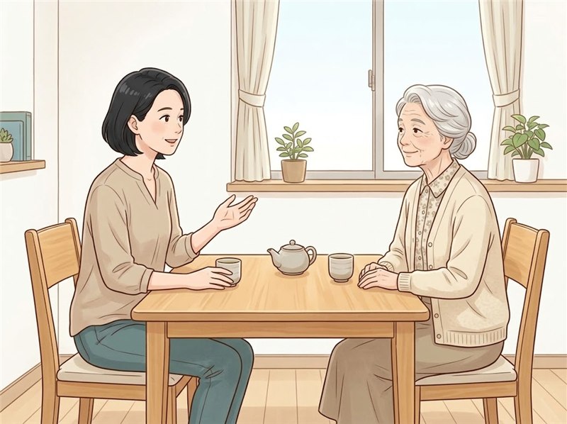 居間のテーブルで、娘が、高齢の母とお茶を飲みながら、自分の話をしている図