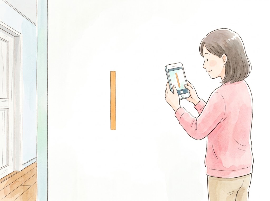 廊下の壁に、手すりを付ける予定の場所を示すオレンジのテープの帯が貼ってあり、女性がスマートフォンで撮影している図
