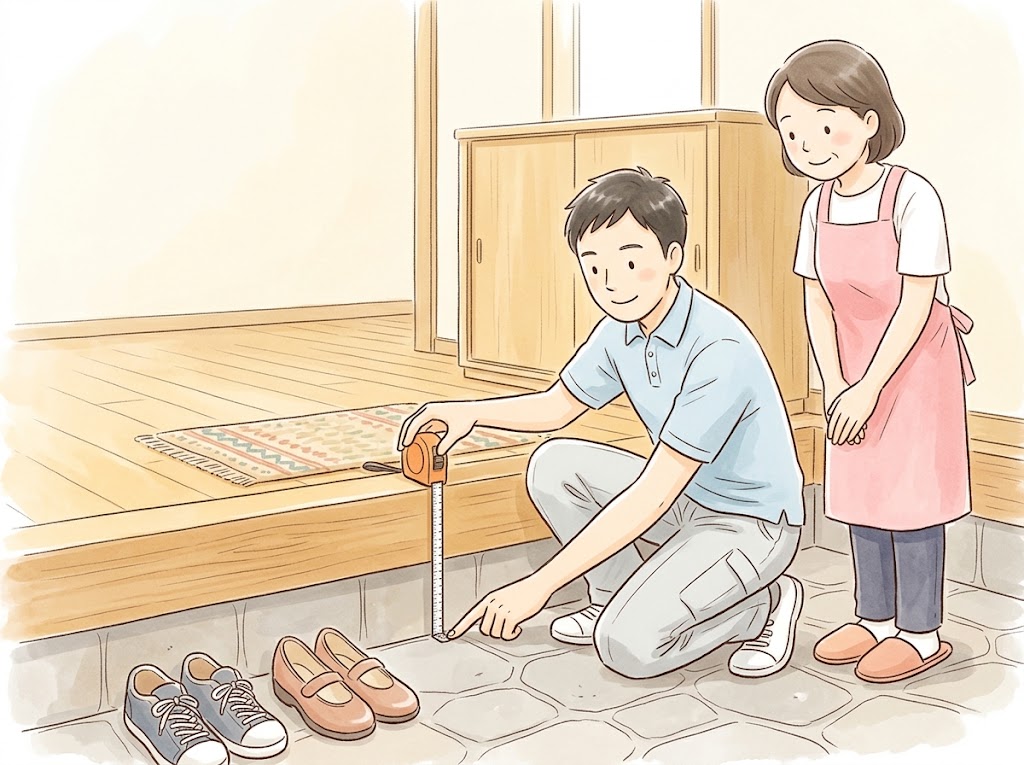 玄関の上がり口の段差に、段の上から床までメジャーを垂らして高さを測る男性と、見守る女性