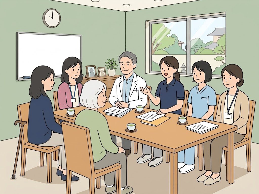 病院の会議室で、高齢の女性と娘が、医師・理学療法士・看護師・医療ソーシャルワーカー・ケアマネジャーとテーブルを囲んで話し合っている様子