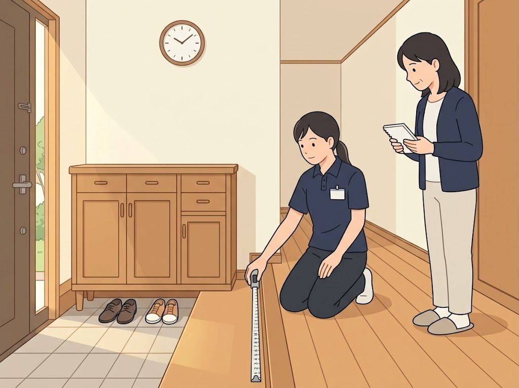 家屋調査で、理学療法士が玄関の上がりかまちの段差の高さをメジャーで測り、娘がメモを持って話を聞いている様子