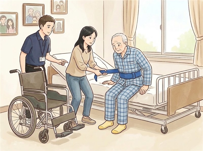 自宅の寝室で、ベッドの端に座る高齢の男性を車いすに移すやり方を、理学療法士が娘に教えている