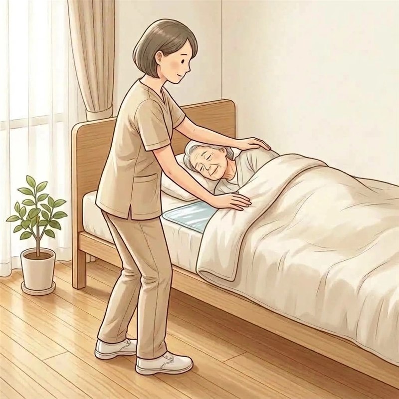 ベッドのすぐ横に、足を前後に開き、膝を少し曲げて立つ介助する人が、横になる方の肩と腰に手を添えている図。体の下に、滑りやすいシートが敷かれている