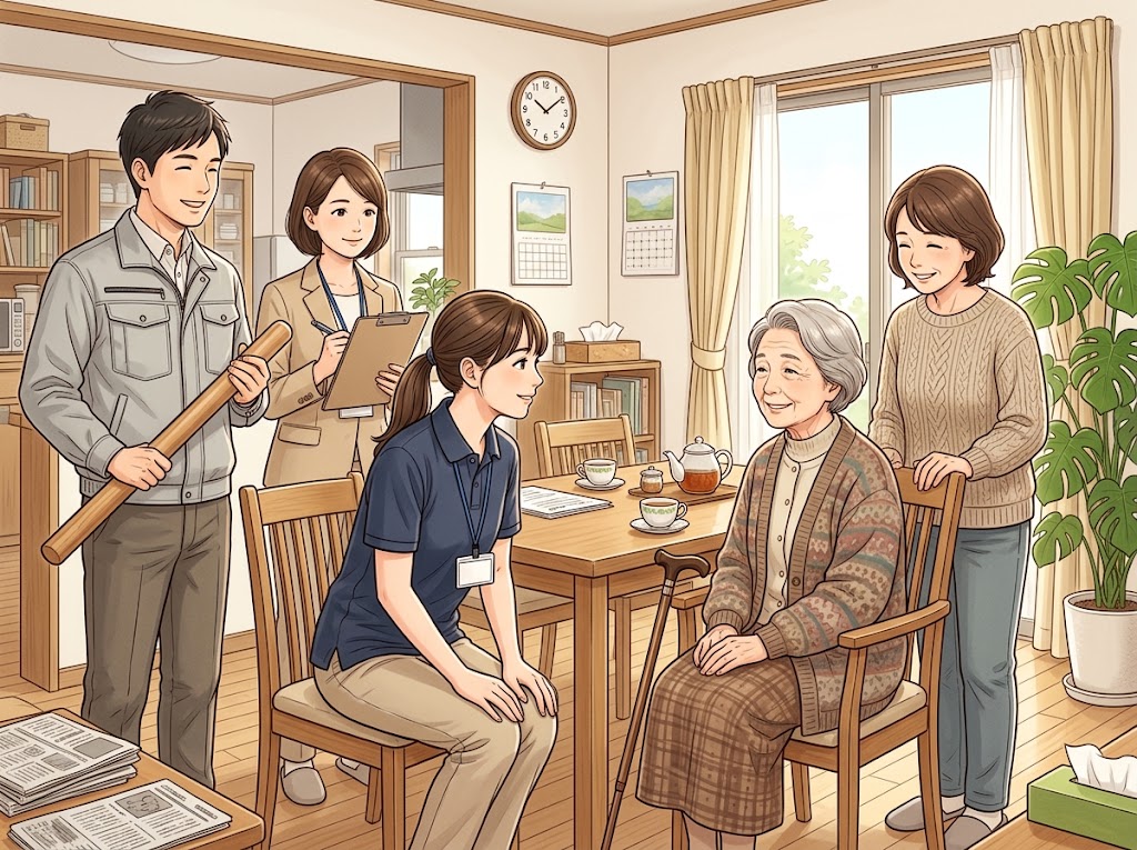 居間に集まった5人。ダイニングチェアに座る高齢の女性に、紺のポロシャツの理学療法士が目線を合わせて話しかけている。後ろに、書類ばさみを持つケアマネジャー、手すりの見本を持つ福祉用具の担当者、ご家族の女性が立っている