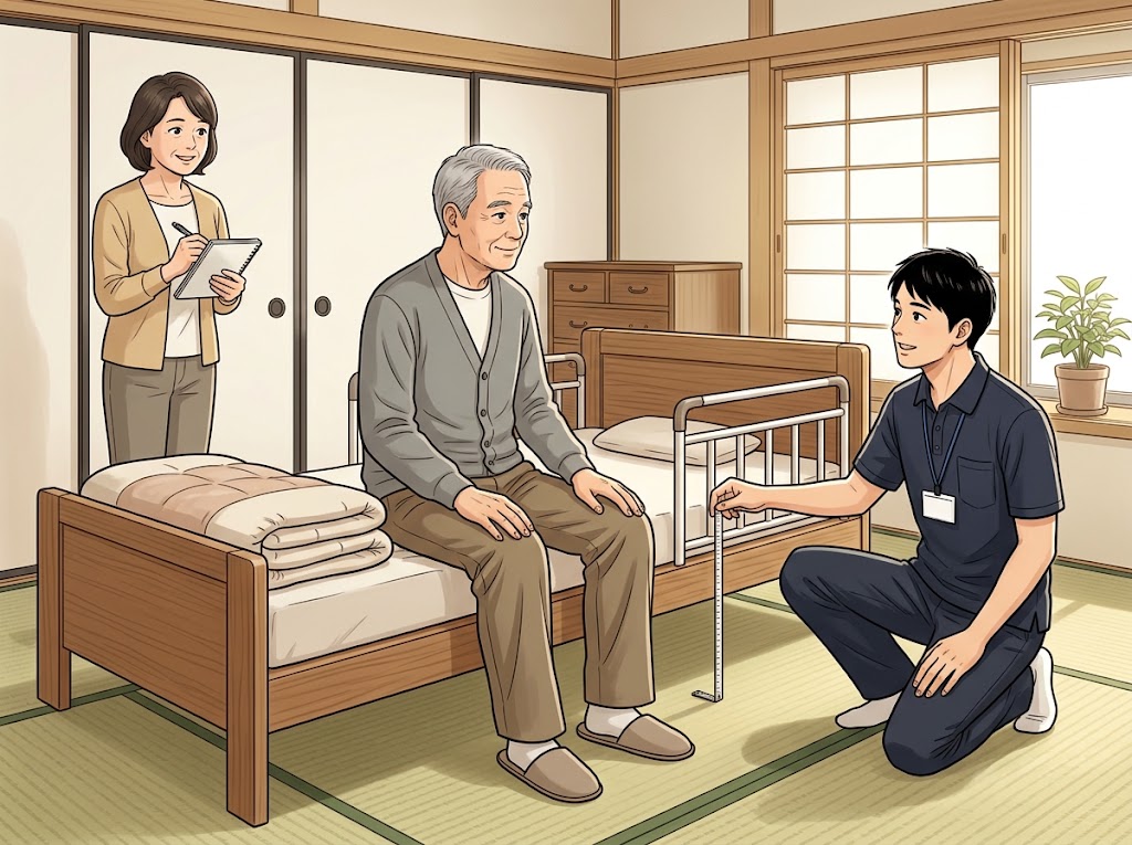 畳の寝室で、介護用ベッドのふちに足を床につけて腰かけた男性の前で、理学療法士が片ひざをついて、床からマットレスまでの高さを巻き尺で確かめている。ご家族がノートを持って見守っている