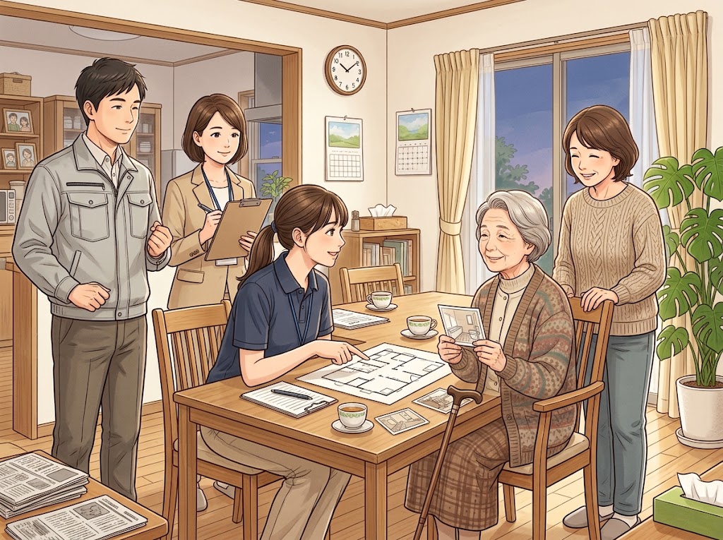 調査のあと、居間のテーブルで、手描きの間取り図と写真を見ながら話し合っている。理学療法士が間取り図を指さし、ご本人が写真を手にして笑顔で聞き、ケアマネジャーとご家族が見守っている